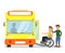 Vector illustration of man helping disabled man in a wheelchair com into the bus in bus station in flat cartoon style.