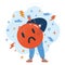 Vector illustration of man hold sad emoji. Dissatisfied customer