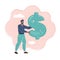 Vector illustration of man holding a giant dollar sight in his hand.