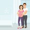 Vector illustration of man hugging pregnant woman in children room. Happy couple concept in a flat style.