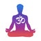 Vector illustration of a man meditating in the lotus pose. Male silhouette in gradient blue, pink, violet colors and religious sig
