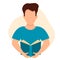 Vector illustration of a man reading a book, studying. Infographic design, center illustration, benefits of reading, learning,