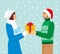 Vector illustration of a man in Santa hat gives a girl a gift