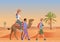 Vector illustration of man walking with guide and woman riding camel in desert.