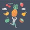 Vector illustration of man, who run with big pinaple in his hands and another fruit around him. Character on dark background