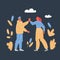 Vector illustration of man and woman have done a well-coordinated work and give each other a high five on dark backround