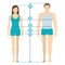Vector illustration of man and women in full length with measurement lines of body parameters . Man and women sizes measurements.