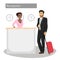 Vector illustration of manager and customer at hotel reception desk. Concierge service. Man arrival or check in at lobby