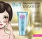 Vector Illustration with Manga style girl and makeup foundation tube.