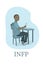 Vector illustration of MBTI INFP personality type. Depicts a young man sitting at a desk thinking. Introverted personality type