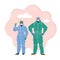 Vector illustration of Medical team. Two doctors in protective suits and masks , man and woman. Healthcare and medical