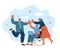 Vector illustration of Meeting in the office. Young happy people give high five to each other. A woman sits in a