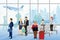 Vector illustration of men and wemen, children in airport, business people sitting and walking in airport terminal