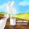 Vector illustration of milk in bottle and glass. Poster of farm product on wooden table on the green field background.