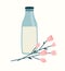 Vector illustration of a milk bottle and a sprig of pink flowers.