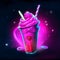 Vector illustration of milkshake in neon style on a dark background AI generated
