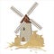Vector illustration of a mill and bags of wheat with ears