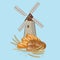 Vector illustration of mill, bread and ears of corn on a blue background. Symbol of labor and harvest.