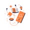 Vector illustration of mobile phone, earphones, text books, donut and cup of coffee flying in the middle air.