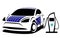 Vector illustration of a modern electric plug-in car with a sporty aerodynamic design and solar panels