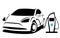 Vector illustration of a modern electric plug-in car with a sporty aerodynamic design which is charged