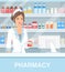 Vector illustration of modern interior drugstore with pretty female pharmacist. Beautiful woman pharmacy, pills capsules