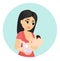 Vector illustration of mom feeding her baby, breastfeeding. Lovely colorful characters of young mother with baby in