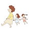 Vector illustration of mom and two little kids walking together hand in hand