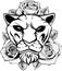 vector illustration of monochrome lion with rose on white background