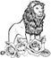 vector illustration of monochrome lion with rose on white background