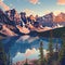 vector illustration, moraine lake in summer, canada, during sunrise. Must-see touristic spot in nature in Banff National Park