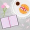 Vector illustration of morning coffee and sweets in bed with book, flowers and raspberry, croissant in flat cartoon