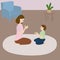 Vector illustration. Mother and daughter, two sisters drink tea on the floor of the house.