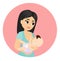 Vector illustration of mother feeds baby with breast, breastfeeding position. Cute cartoon character mother feeding baby