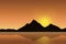 Vector illustration of a mountain landscape reflected in the sea surface under an orange sky with the rising