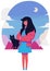 Vector illustration, mountains landscape, woman walking with her cat