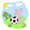 Vector illustration, mouse with soccer ball on a glade.