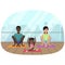Vector illustration of the multi-ethnic family meditating in fitness room on the city background.