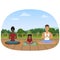 Vector illustration of the multi-ethnic family sitting on the mats and meditating. Family yoga.