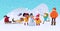 Vector Illustration of multiracial kids playing outdoors. Girls and boys making snowman in winter, children playing in