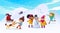 Vector Illustration of multiracial kids playing outdoors. Girls and boys making snowman in winter, children playing in