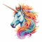 An vector illustration of a mythical unicorn, with a rainbow-colored mane and horn, against a white background. Printable design