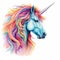 An vector illustration of a mythical unicorn, with a rainbow-colored mane and horn, against a white background. Printable design