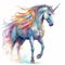 An vector illustration of a mythical unicorn, with a rainbow-colored mane and horn, against a white background. Printable design