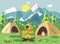 Vector illustration nature national park landscape three tents bonfire, chicken fried sandwiches, snack, food, backpack