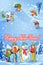 Vector illustration of new year congratulation card with winter landscape happy family playing snowman, skiing, sleding walking ou