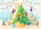 Vector illustration on New Year holiday theme. Little flat people characters decorate large, beautiful, green Christmas tree