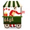 Vector illustration of a New Year`s stall counter with a seller holding candy canes