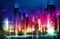 Vector illustration of a night glowing neon city a multi-storey group of buildings in a bright glow