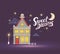 Vector illustration of night house with street lamp and fence